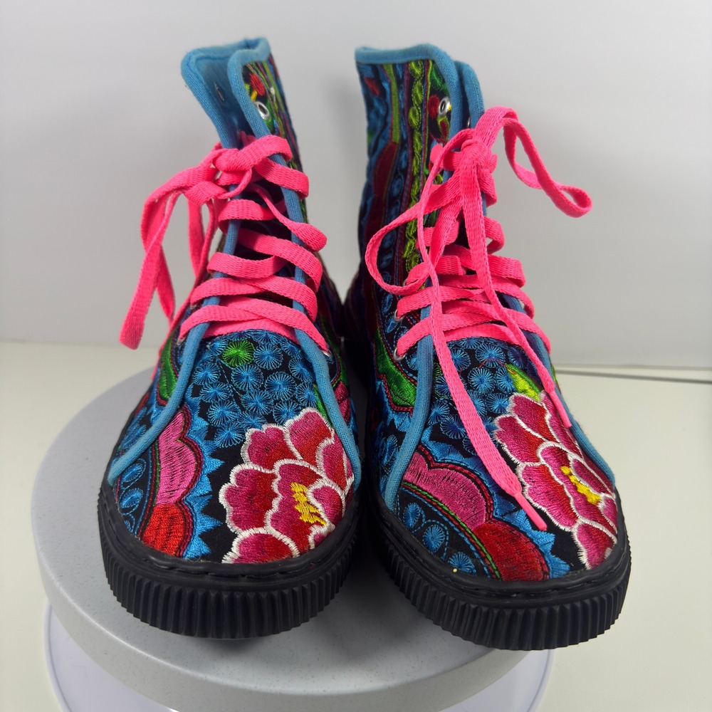 Women's Floral Embroidered High Top Boots Multicolor Lace Up Size 9.5 - Picture 5 of 13